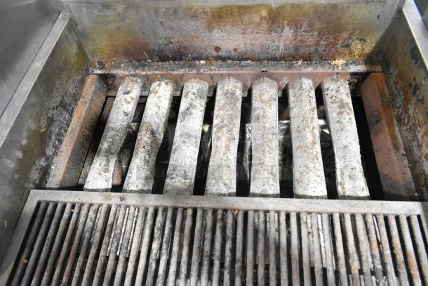 MagiKitch'n FM RMB 36 charbroiler grill, stainless steel, used condition, natural gas, undershelf, commercial casters.