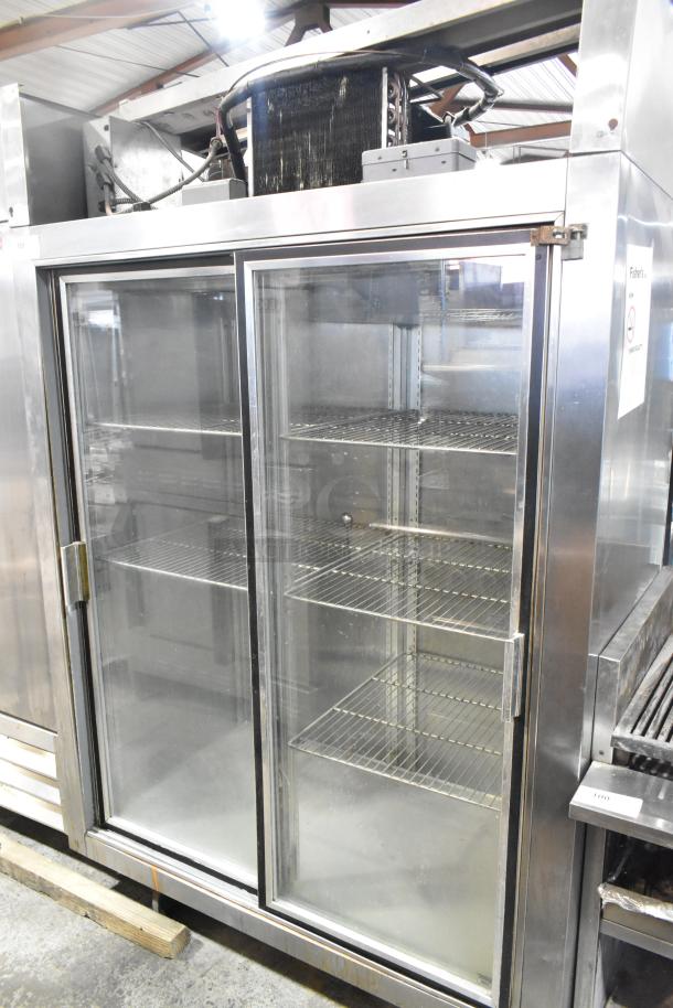Glenco SLGS-48-TE commercial 2-door reach-in cooler merchandiser, stainless steel, glass doors, 115V, 1 phase.