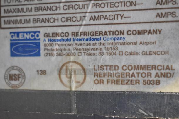 Glenco SLGS-48-TE commercial cooler label, showing manufacturer's info, NSF, and UL listings. 115V, 1 phase.
