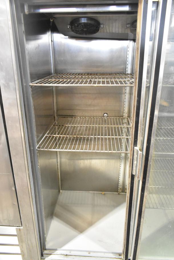 Glenco SLGS-48-TE metal commercial 2 door cooler, 115 volts, 1 phase, features wire shelves, in good condition.