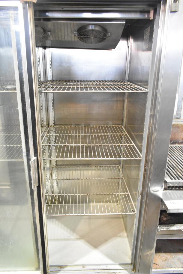 Glenco SLGS-48-TE 2 Door Metal Cooler, commercial, shelves visible, 115V, 1 phase, used condition, interior fans shown.