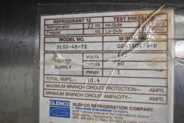 Label on Glenco SLGS-48-TE commercial 2-door cooler shows model, serial number, voltage, power supply, and refrigerant details.