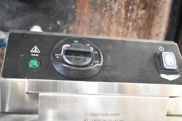 Vollrath FFA8110 stainless steel electric countertop fryer control panel with temp dial, power switch, ready light.