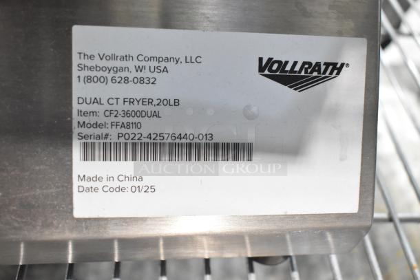 2025 Vollrath FFA8110 stainless steel 2-bay electric fryer with 4 metal baskets, model label visible, made in China.