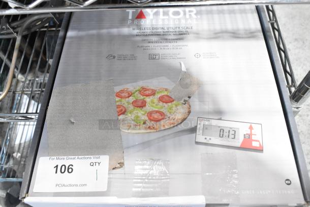 Brand new Taylor TE30WD stainless steel 30 lb. portion control scale. Features wireless digital display and touchless tare. Box shows scratch and dent.