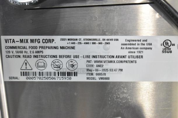2025 VitaMix VM0800 stainless steel frozen dessert mixer with soft ice cream agitator. Scratch and dent, new. 115V, 1 phase. Label shows model and specs.