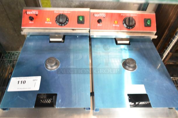 Alt Text:  
"Avantco 177F202 dual tank electric countertop fryer, new with slight scratches, includes 2 metal fry baskets and lids."