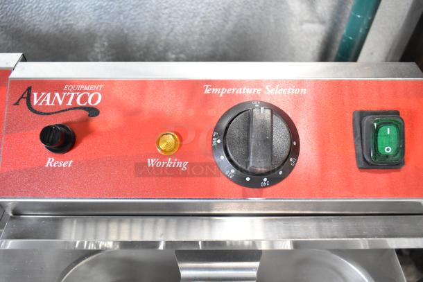 Avantco 177F202 electric fryer controls; red panel with temperature dial, reset button, and power switch visible.