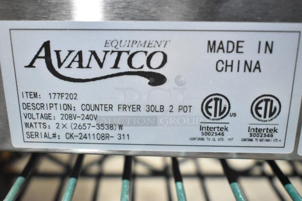 Brand new Avantco 177F202 stainless steel 30 lb. dual tank fryer. Features 208-240V, ETL certification, made in China.