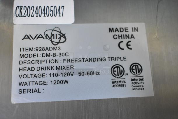 AvaMix DM-B-30C Stainless Steel Freestanding Triple Spindle Drink Mixer, 120 volts, ETL listed, item 928ADM3, made in China.