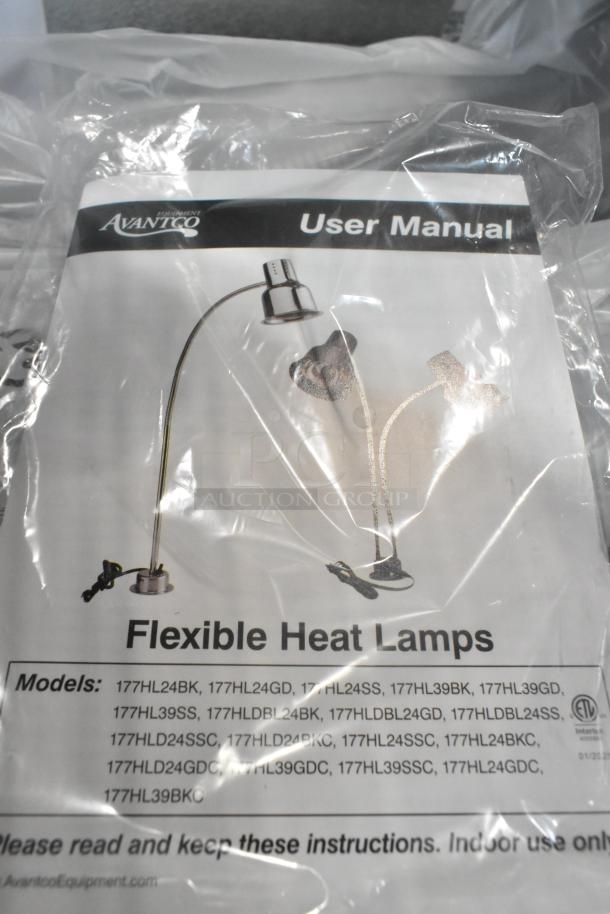 BRAND NEW CK2527B316 metal commercial 2-head heat lamp, 120V, 1 phase; user manual and model list packaging visible.