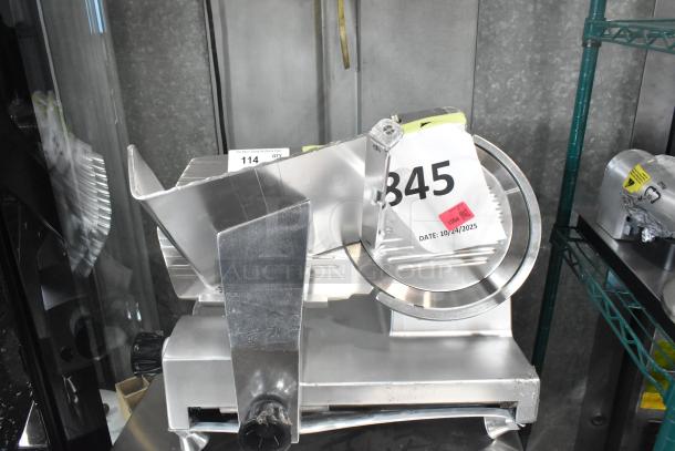 Brand new Avantco SL512 12" manual gravity feed meat slicer, 115 volts, 1 phase, scratch and dent, auction label visible.