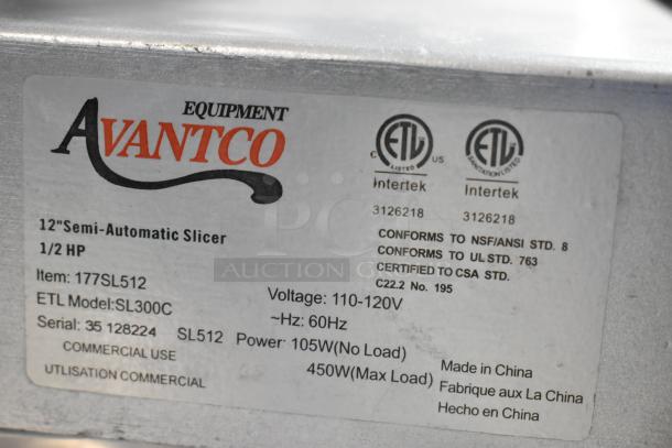 Avantco SL512 12" Manual Meat Slicer, new scratch and dent, 115V, 1 Phase, 1/2 HP, ETL listed, commercial use.