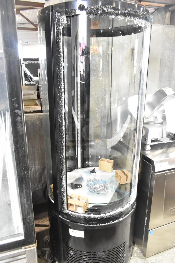 Brand new Avantco 193BCR15HCB Black Circular Refrigerated Display Case, 115V, with visible broken glass.