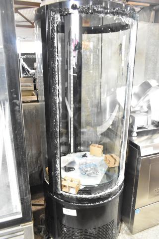 Brand new Avantco 193BCR15HCB Black Circular Refrigerated Display Case, 115V, with visible broken glass.