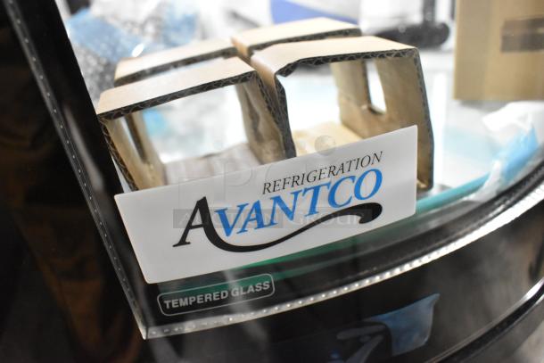 Avantco 193BCR15HCB display case with visible branding and tempered glass label, showing broken glass condition. 115V, 1 Phase.
