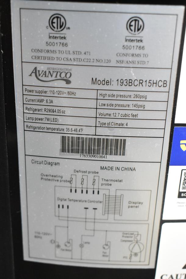 Avantco 193BCR15HCB refrigerated display case label, model and specs detailed. Voltage: 115, Phase: 1, Made in China.