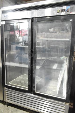 Atosa MCF8707 stainless steel 2-door reach-in cooler with glass doors, poly coated racks, 115V, 1 phase.