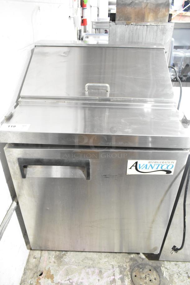 Avantco 178APT27HC stainless steel prep table with casters, 115V, 1 Phase, clean surface, visible Avantco label.