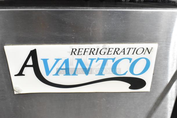 Avantco 178APT27HC stainless steel prep table, featuring a bain marie mega top and commercial casters. Label reads "Avantco Refrigeration".