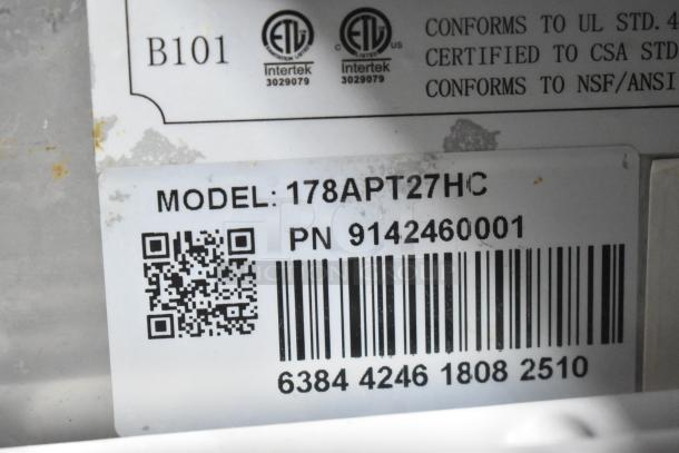 Avantco 178APT27HC stainless prep table label with model, barcode, and certifications; suitable for commercial use.