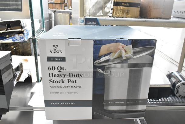 Brand new Vigor 473SSPOT60 SS1 Series 60 Qt. stainless steel stock pot, aluminum-clad, with cover, minor scratches.