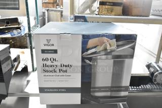 Brand new Vigor 473SSPOT60 SS1 Series 60 Qt. stainless steel stock pot, aluminum-clad, with cover, minor scratches.