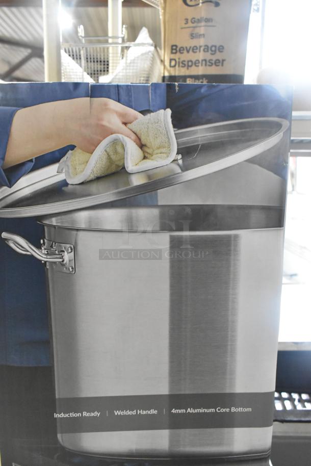 Brand new Vigor 60 Qt. stock pot with cover, stainless steel, aluminum-clad, scratch and dent condition, induction ready.