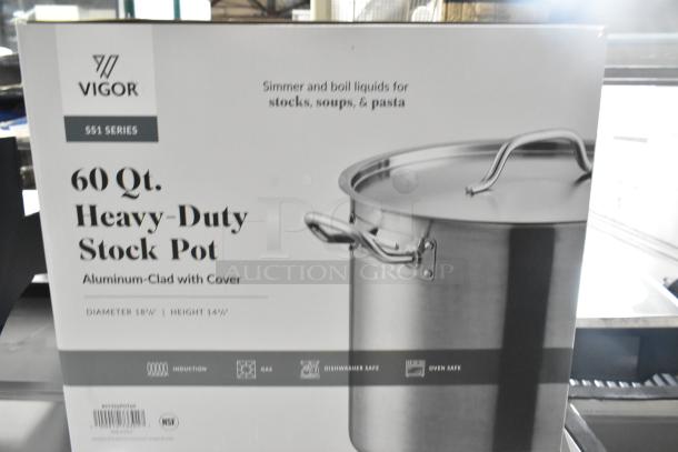 Brand new Vigor SS1 Series 60 Qt. heavy-duty aluminum-clad stainless steel stock pot with cover, scratch and dent condition.