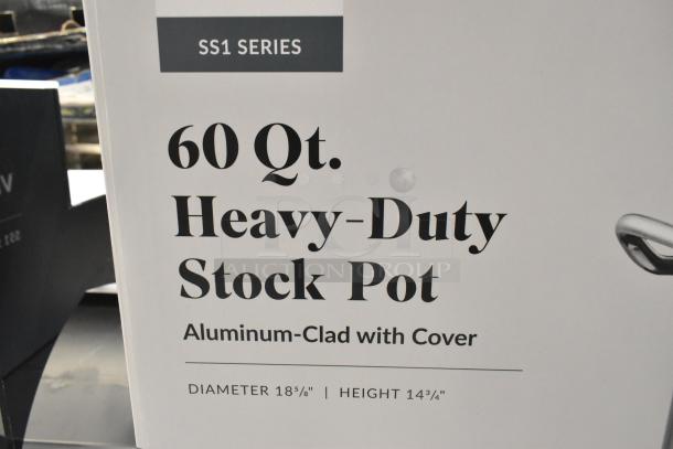 Alt text: Vigor 473SSPOT60 SS1 Series 60 Qt. stainless steel stock pot, scratch and dent, aluminum-clad, includes cover.