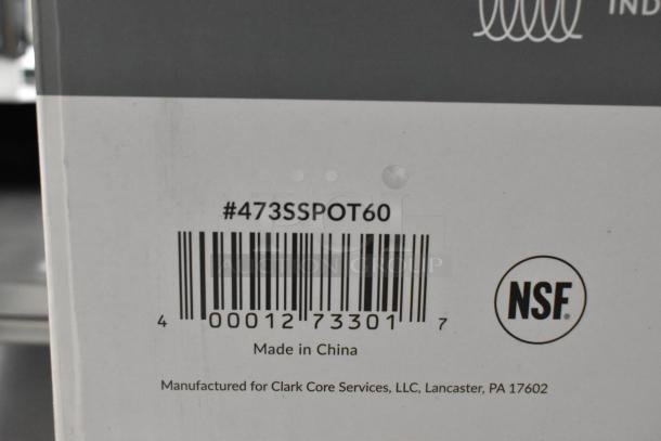 Bar code with model #473SSPOT60 on the box for a Vigor SS1 Series 60 Qt. stainless steel stock pot, NSF certified, made in China.
