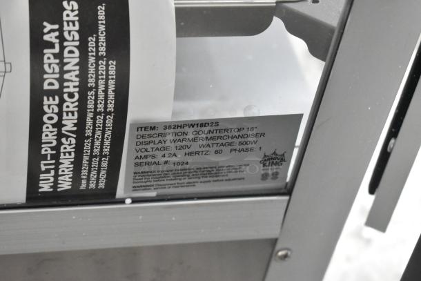 Brand new Carnival King 382HPW18D2S 18" stainless steel warmer/merchandiser. 120V, 1 phase, 500W, serial #1024.