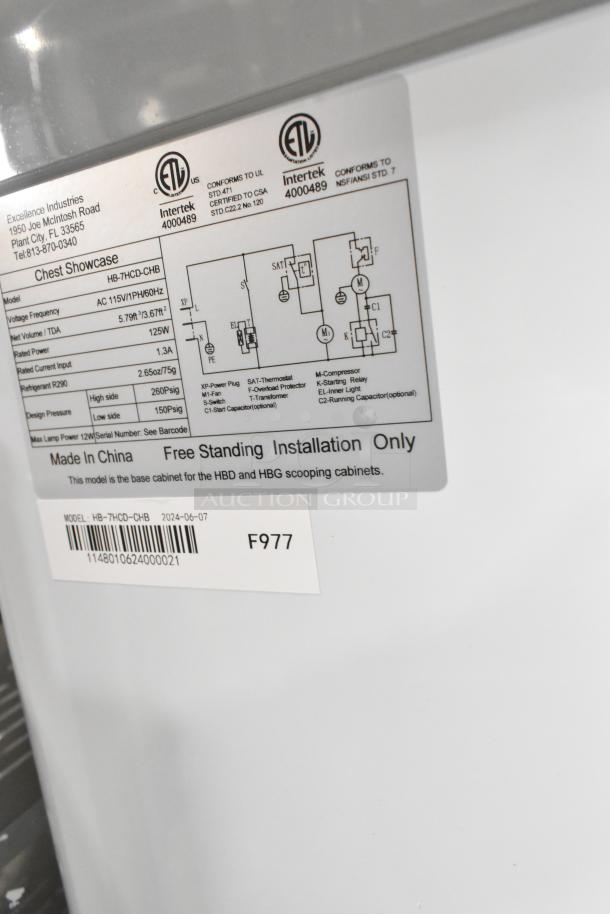 Brand new Excellence HB-7HCD-CHB display cabinet, 7.4 cu. ft., dual temperature, 115V, scratch and dent. Model label visible.
