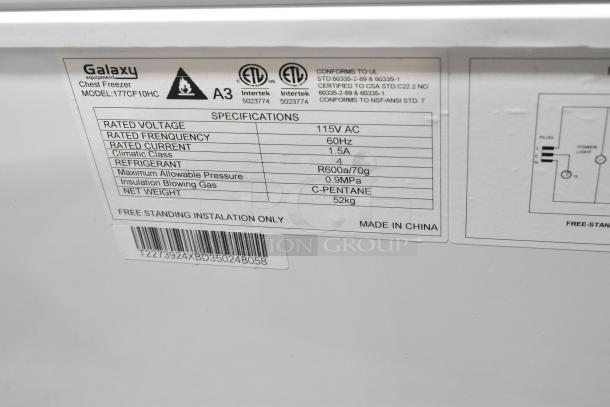 Alt text: Galaxy 177CF10HC Commercial Chest Freezer data label showing voltage, frequency, current, refrigerant, and weight details.