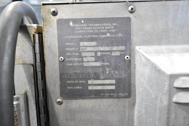 Turbochef HhC2020 stainless steel conveyor oven label; details voltage, 3 phase, model, serial, max input, manufacturing date.