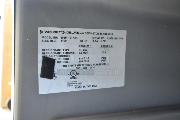 2021 Delfield 406P-STAR4 stainless steel undercounter cooler label showing model, serial number, and specs; 115V, R-290 refrigerant.
