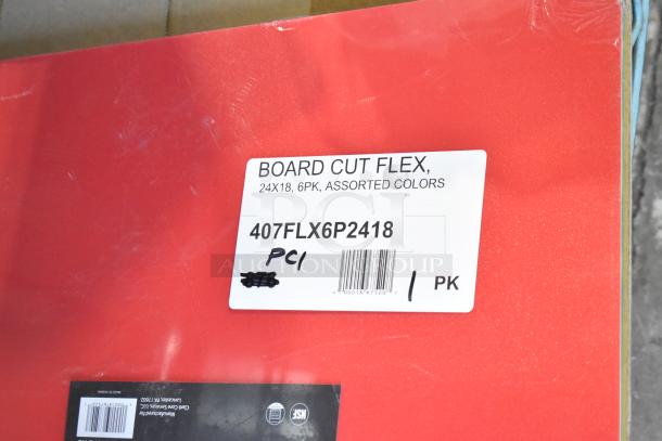 3 new multi-colored flexible cutting boards, model 407FLX6P2418, 24"x18"x1/16", with tags noting assorted colors.