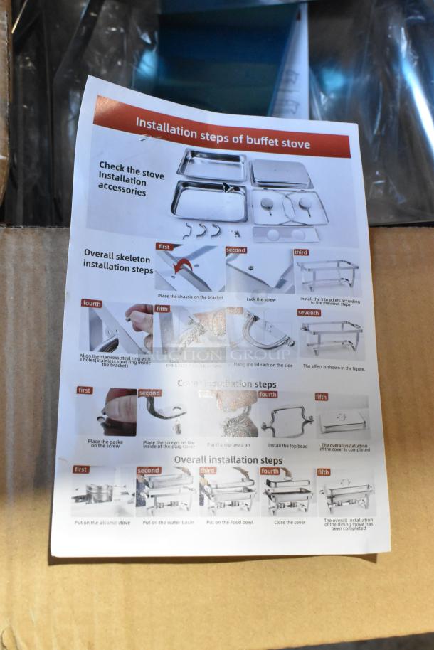 Installation guide for chafing dish with step-by-step assembly instructions on a cardboard box. Item is brand new with minor cosmetic imperfections.
