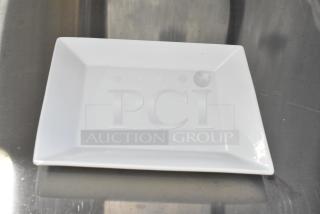 Acopa white ceramic plate, square, scratch and dent condition, smooth glossy finish, visible minor imperfections.