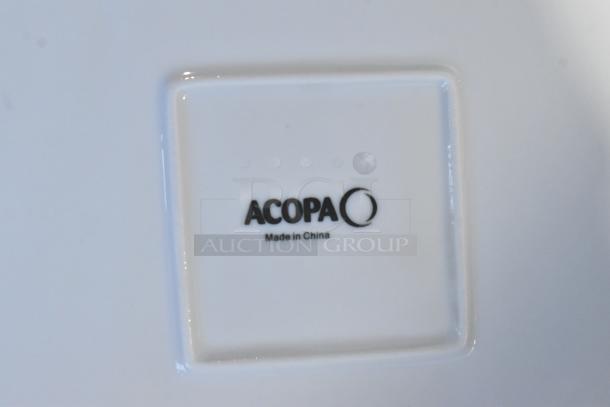 Acopa white ceramic plate, brand mark visible, new condition with minor imperfections, made in China.