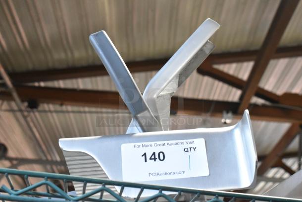 Brand new metal commercial carriage for meat slicer with minor scratches. Auction label reads "For More Great Auctions Visit, 140 QTY, PCIAuctions.com."