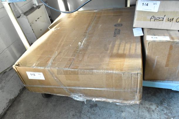 Cardboard box labeled "BRAND NEW SCRATCH AND DENT!" containing seals. Box shows minor dents. Label reads "Batch 143."