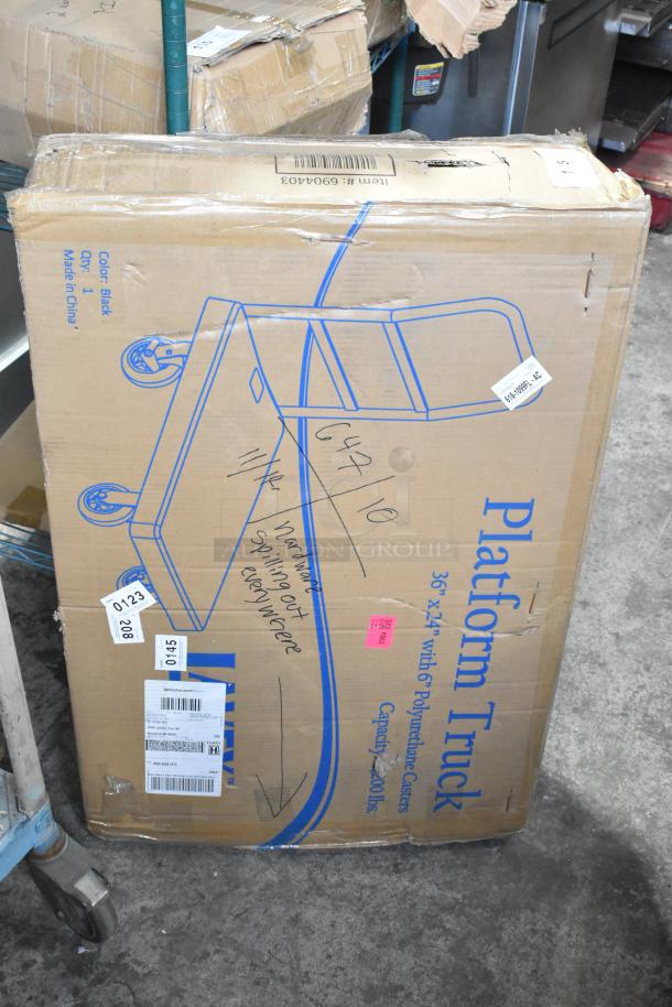 Lavex 36"x24" platform truck in original box. Features ergonomic handle, 250 lb. capacity. Box shows slight damage. Item #6904403.