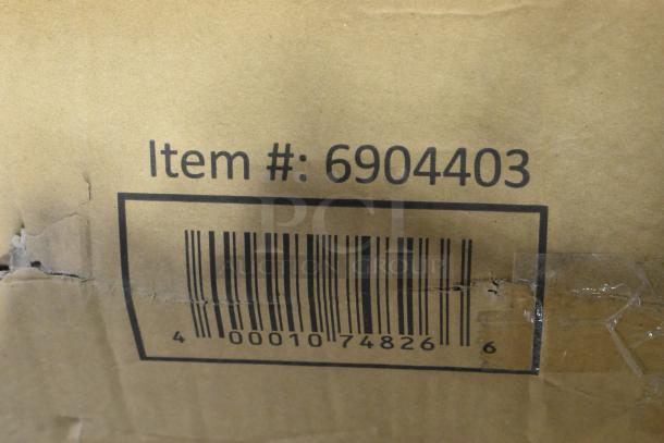 Alt text: "Box showing barcode and item number 6904403 for Lavex 36x24 platform truck, 250 lb. capacity, scratch and dent condition."