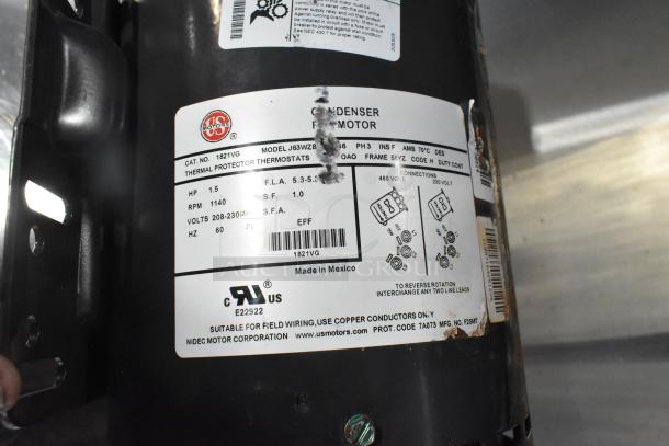 BRAND NEW US Motors J63WZB Motor, scratch and dent. 1.5 HP, 1140 RPM, 208-230/460V. Label with specs visible.