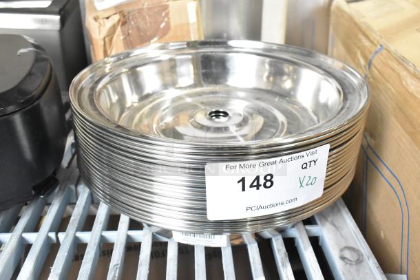 20 new Choice 260SSPC11 11" mirror finish stainless steel plate covers. Quantity label indicates 20 pieces.