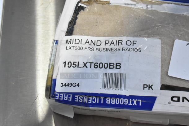 Midland 105LXT600BB FRS Business Radio label, scratch and dent condition, barcode 3449G4 visible.