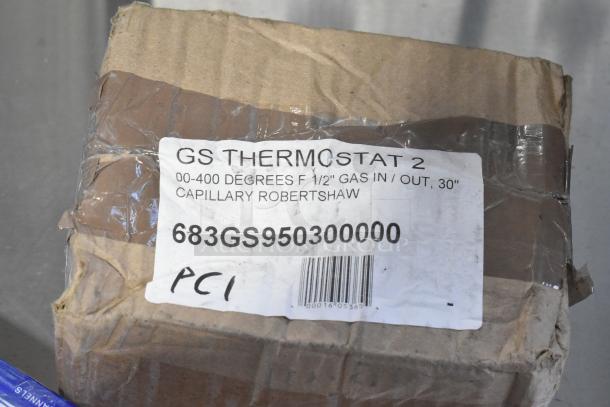 Damaged box with label: Robertshaw GS950300000 Thermostat, 1/2" Gas In/Out, 200-400°F, 30" Capillary, new condition.