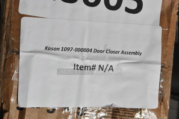 Label on package for Kason 1097-000004 Door Closer Assembly, indicating new, scratch and dent condition.