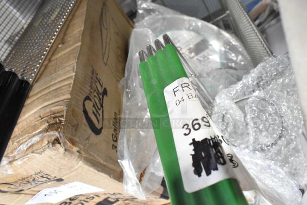 Seven new scratch and dent items, including Kason door closer and Frymaster fryer basket, packaged in original boxes.